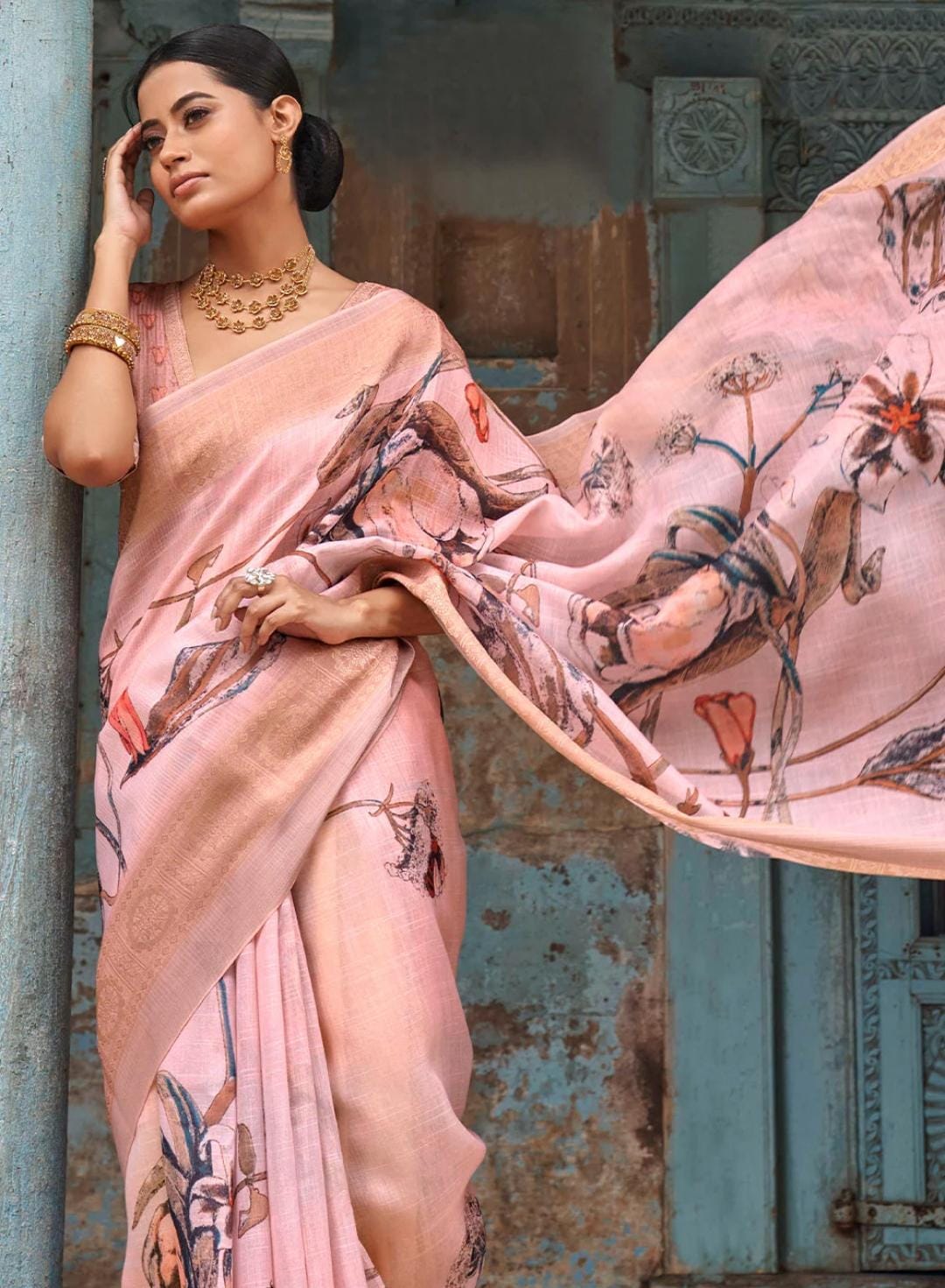 Light Pink Pure Linen Digital Printed With Zari Pallu Border Saree