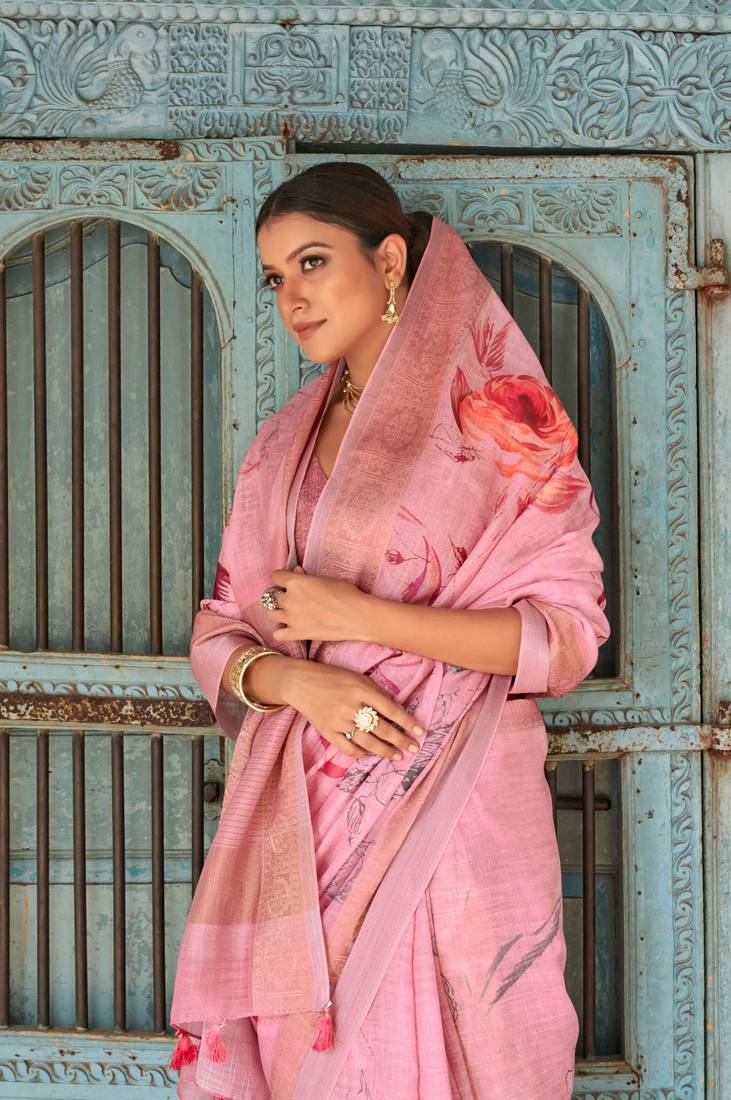 Pink Pure Linen Digital Printed With Zari Pallu Border Saree