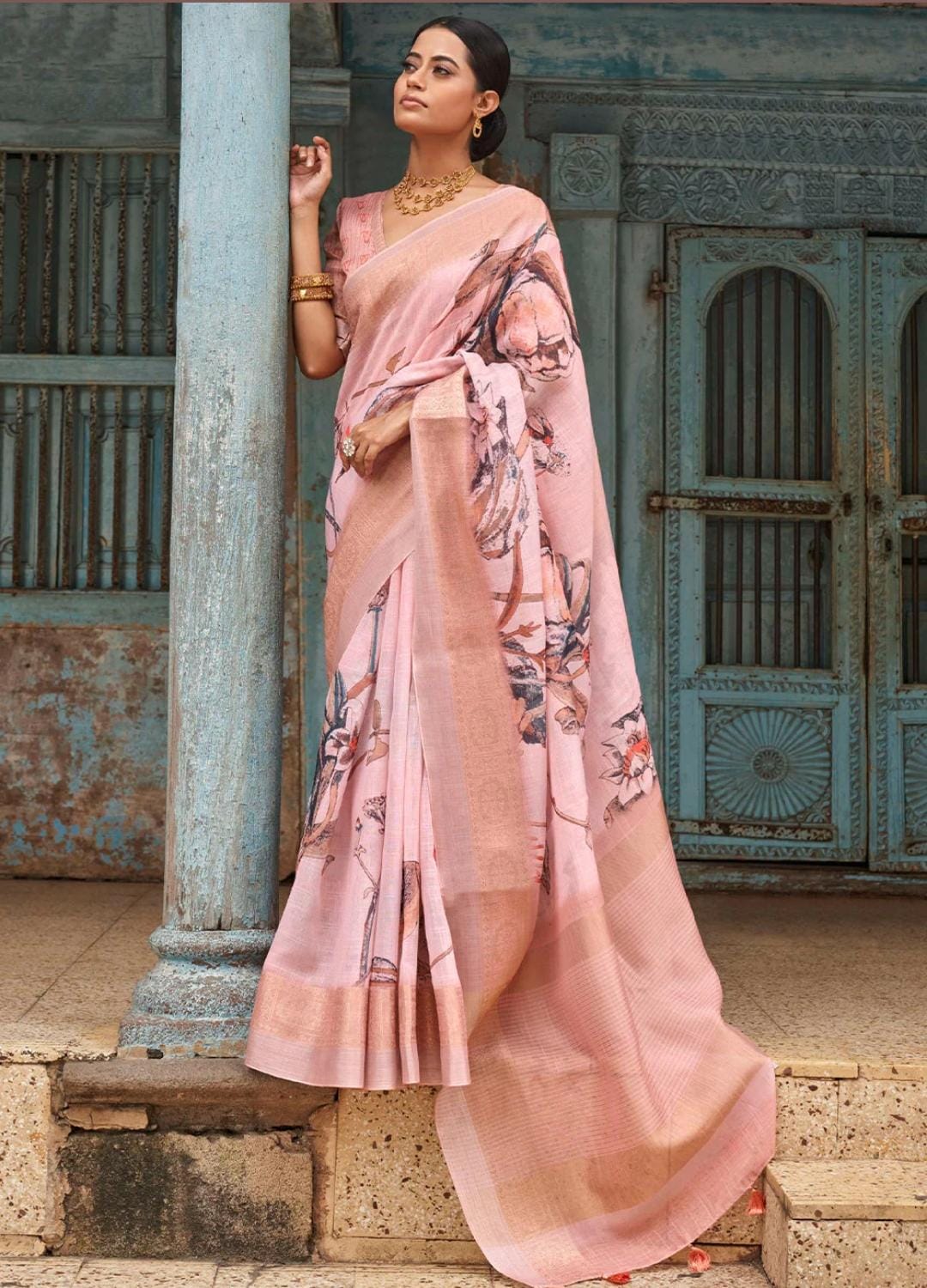 Light Pink Pure Linen Digital Printed With Zari Pallu Border Saree