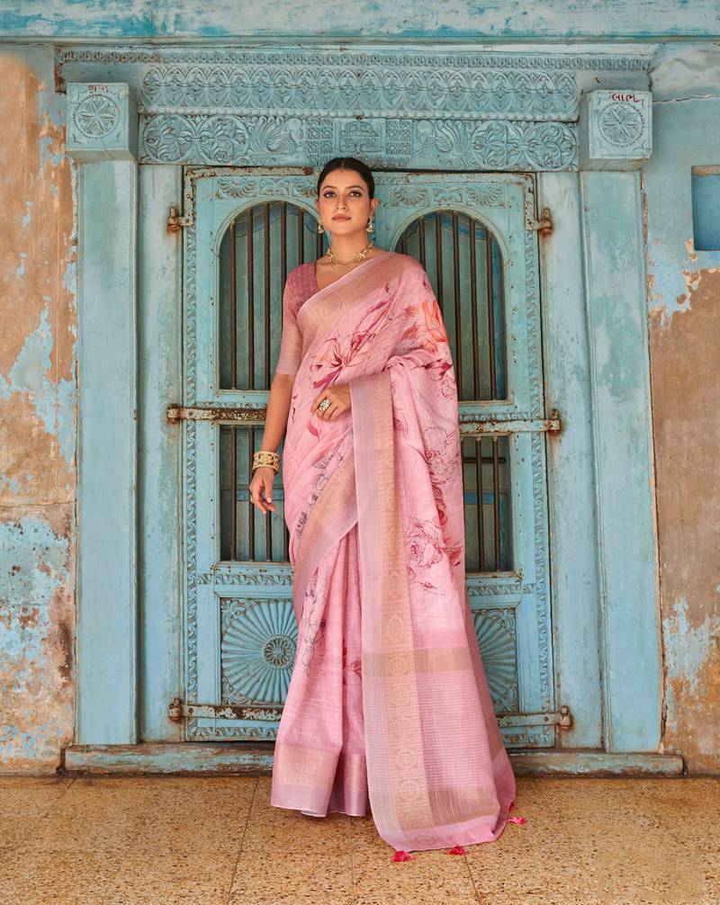 Pink Pure Linen Digital Printed With Zari Pallu Border Saree