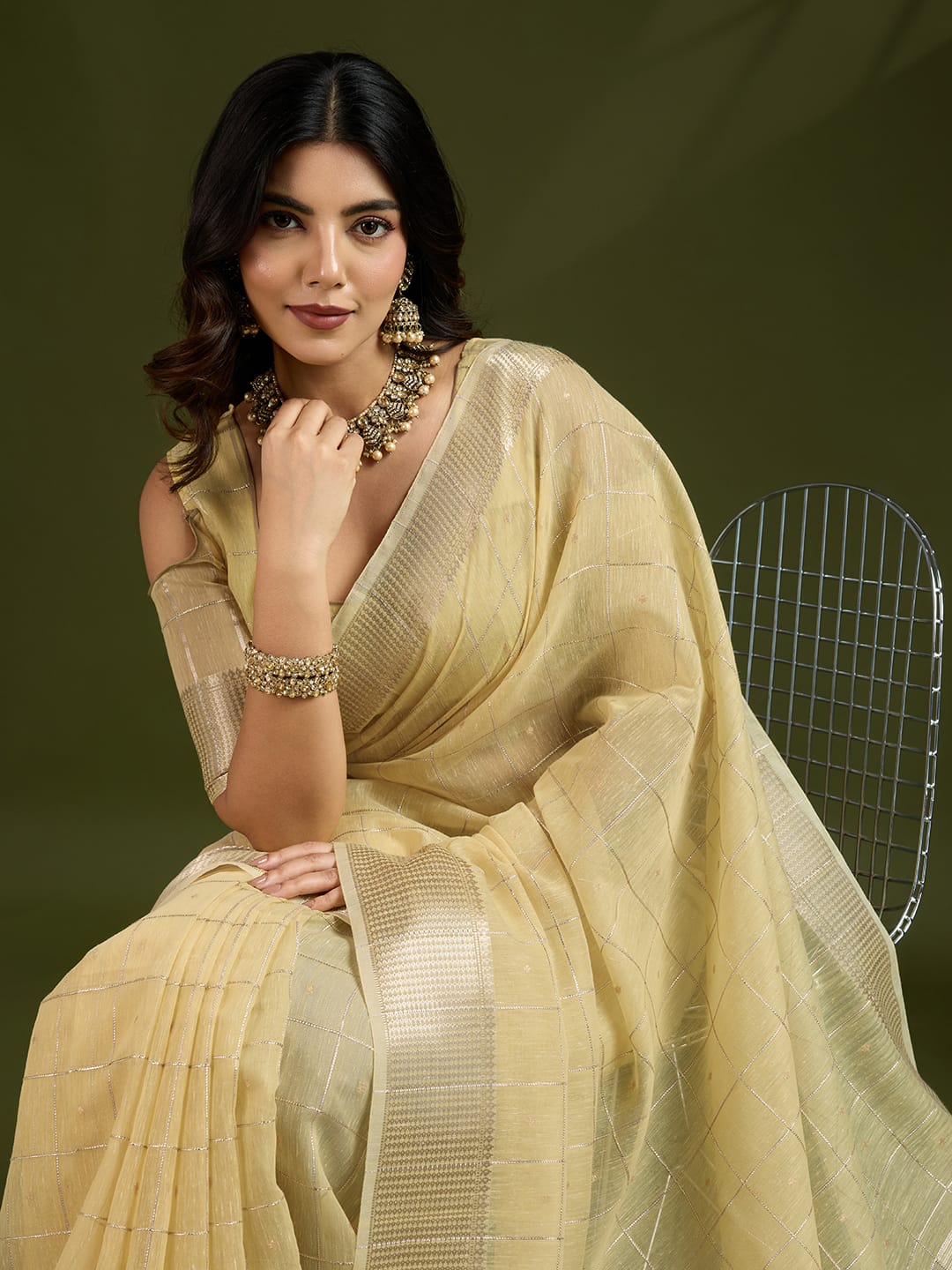 Beige Soft Tissue Linen Silk All Over Check Body With Zari Weaved Pallu Border Saree
