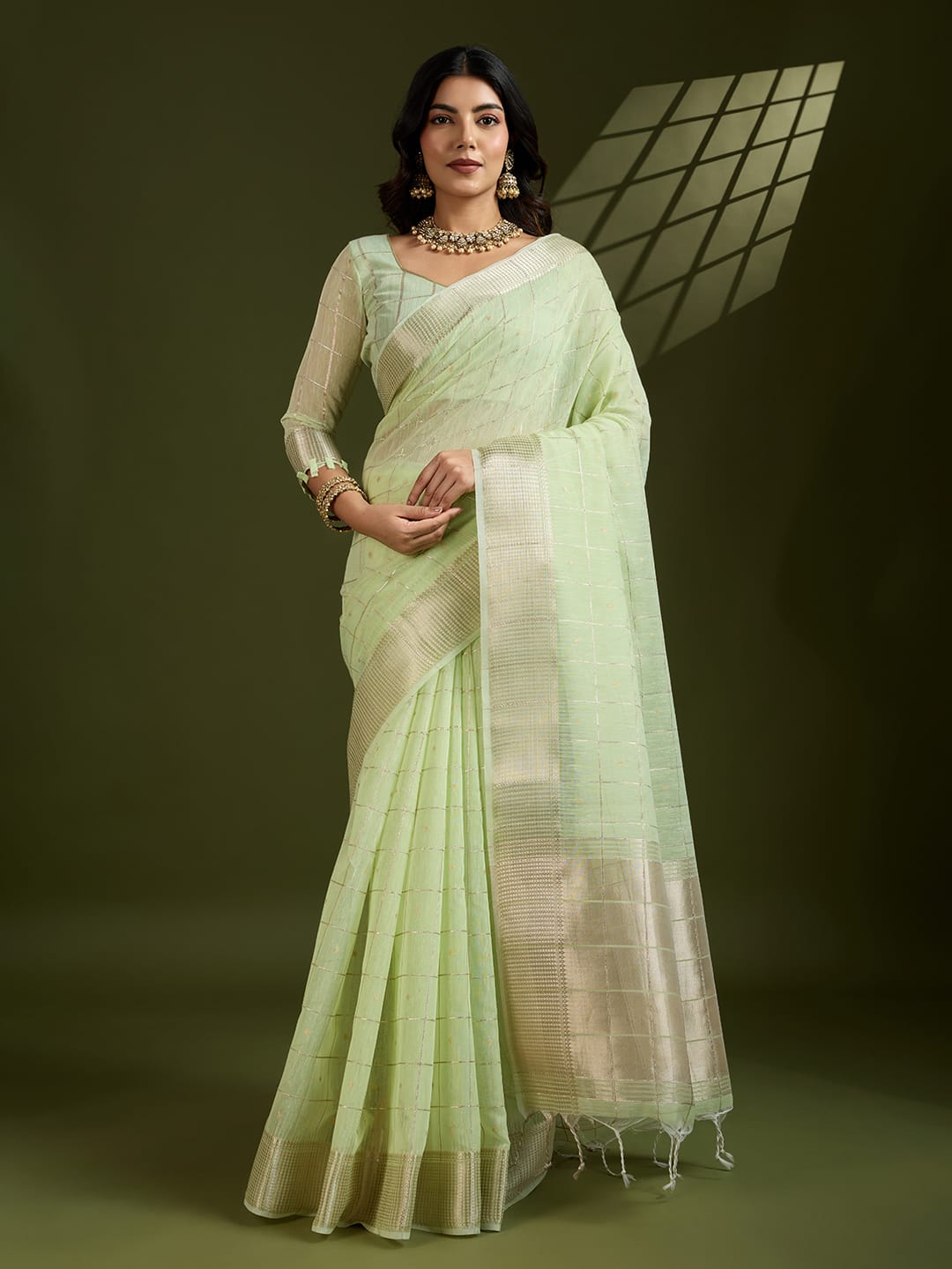 Pistachio Soft Tissue Linen Silk All Over Check Body With Zari Weaved Pallu Border Saree