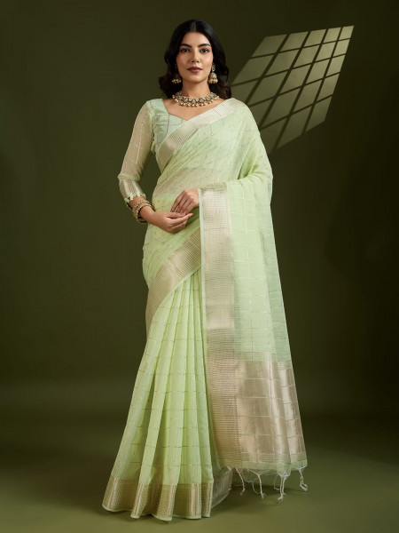 Image of Pistachio Soft Tissue Linen Silk All Over Check Body With Zari Weaved Pallu Border Saree