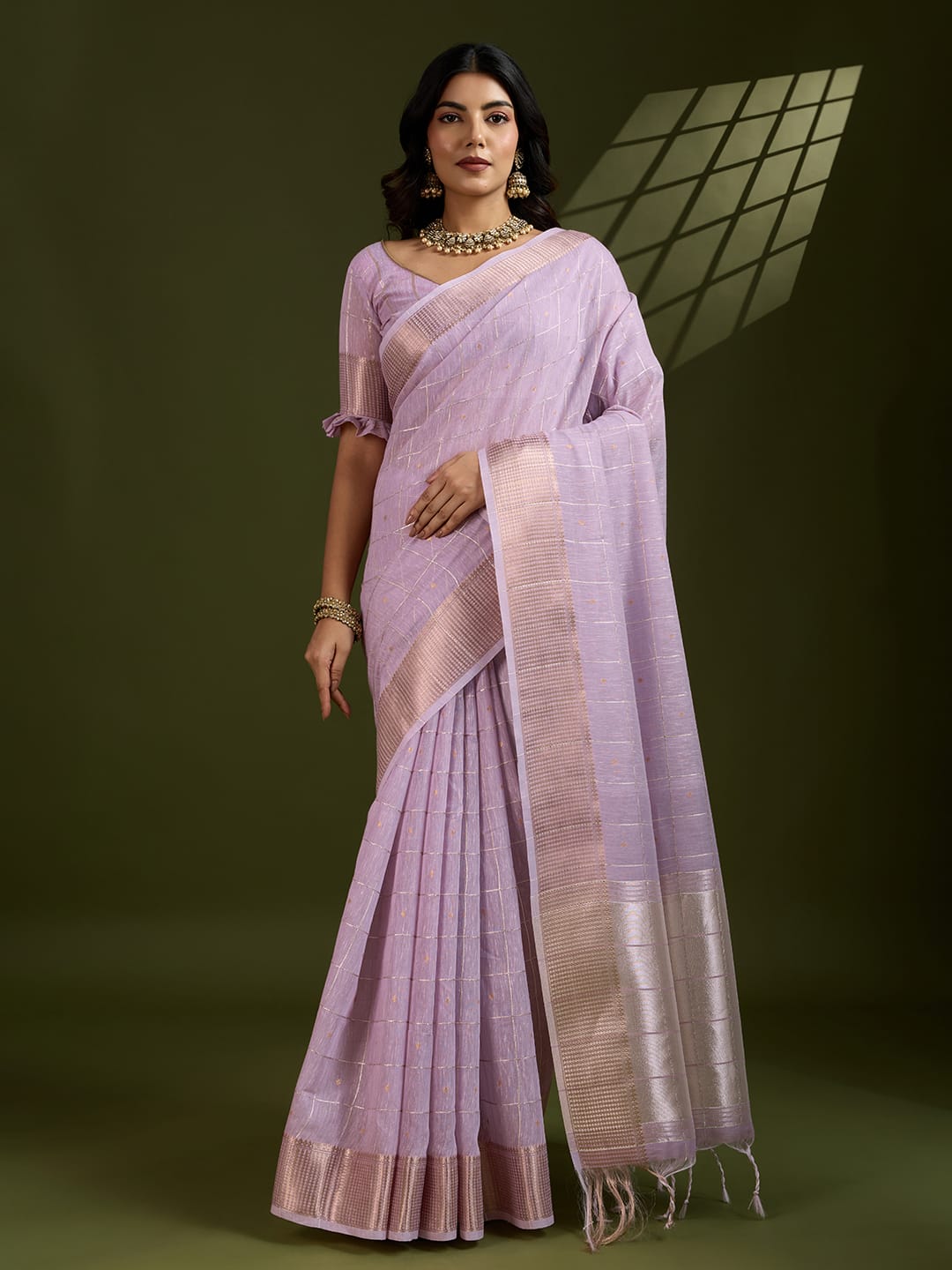 Lavender Soft Tissue Linen Silk All Over Check Body With Zari Weaved Pallu Border Saree