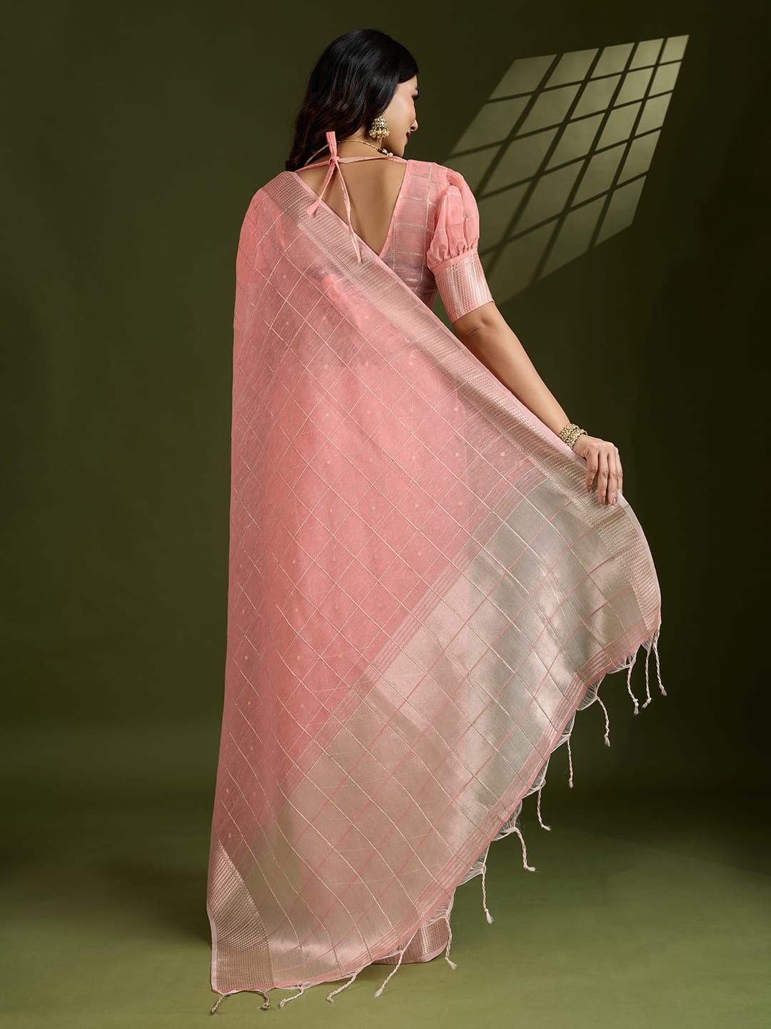 Peach Soft Tissue Linen Silk All Over Check Body With Zari Weaved Pallu Border Saree