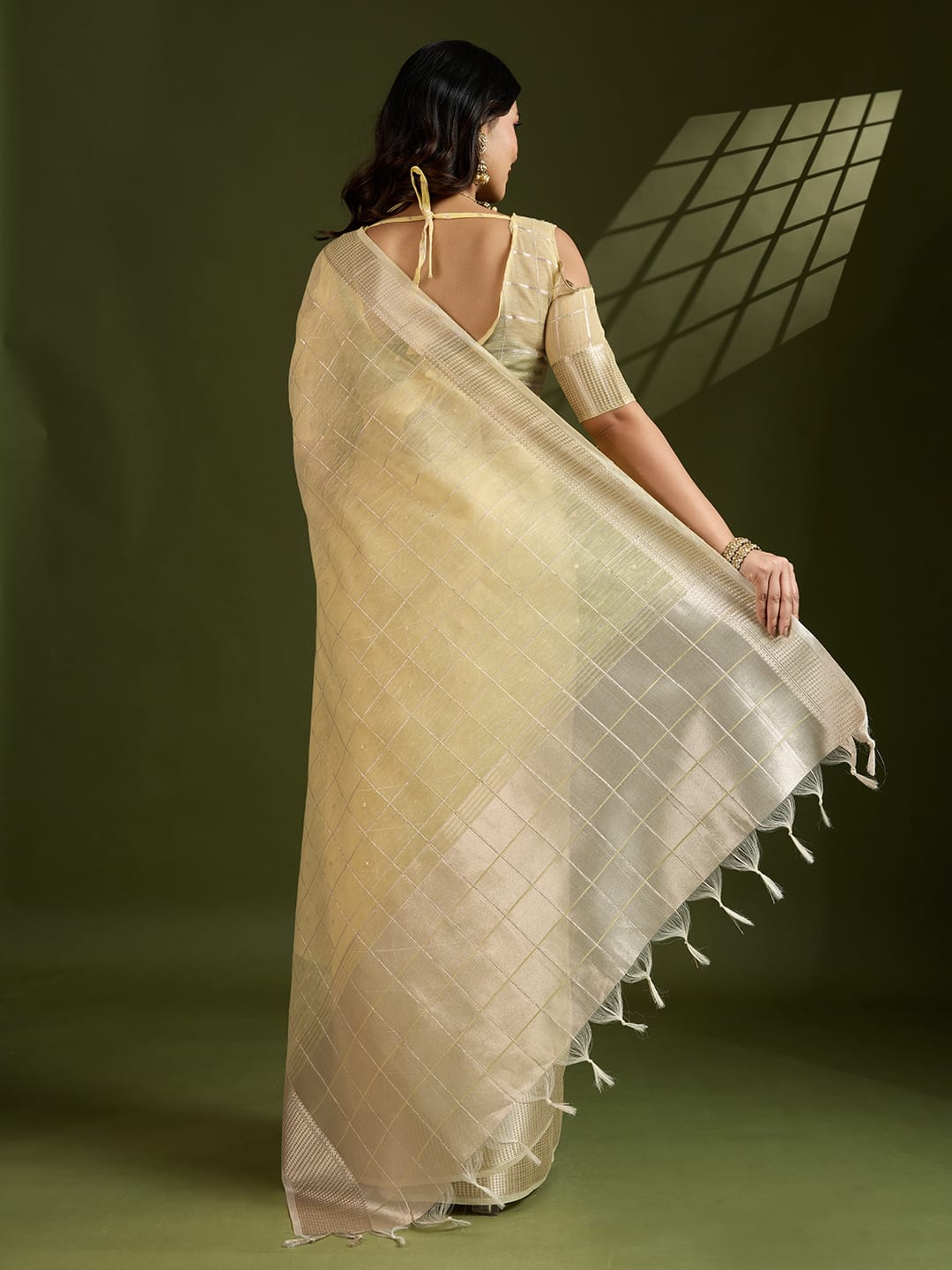 Beige Soft Tissue Linen Silk All Over Check Body With Zari Weaved Pallu Border Saree