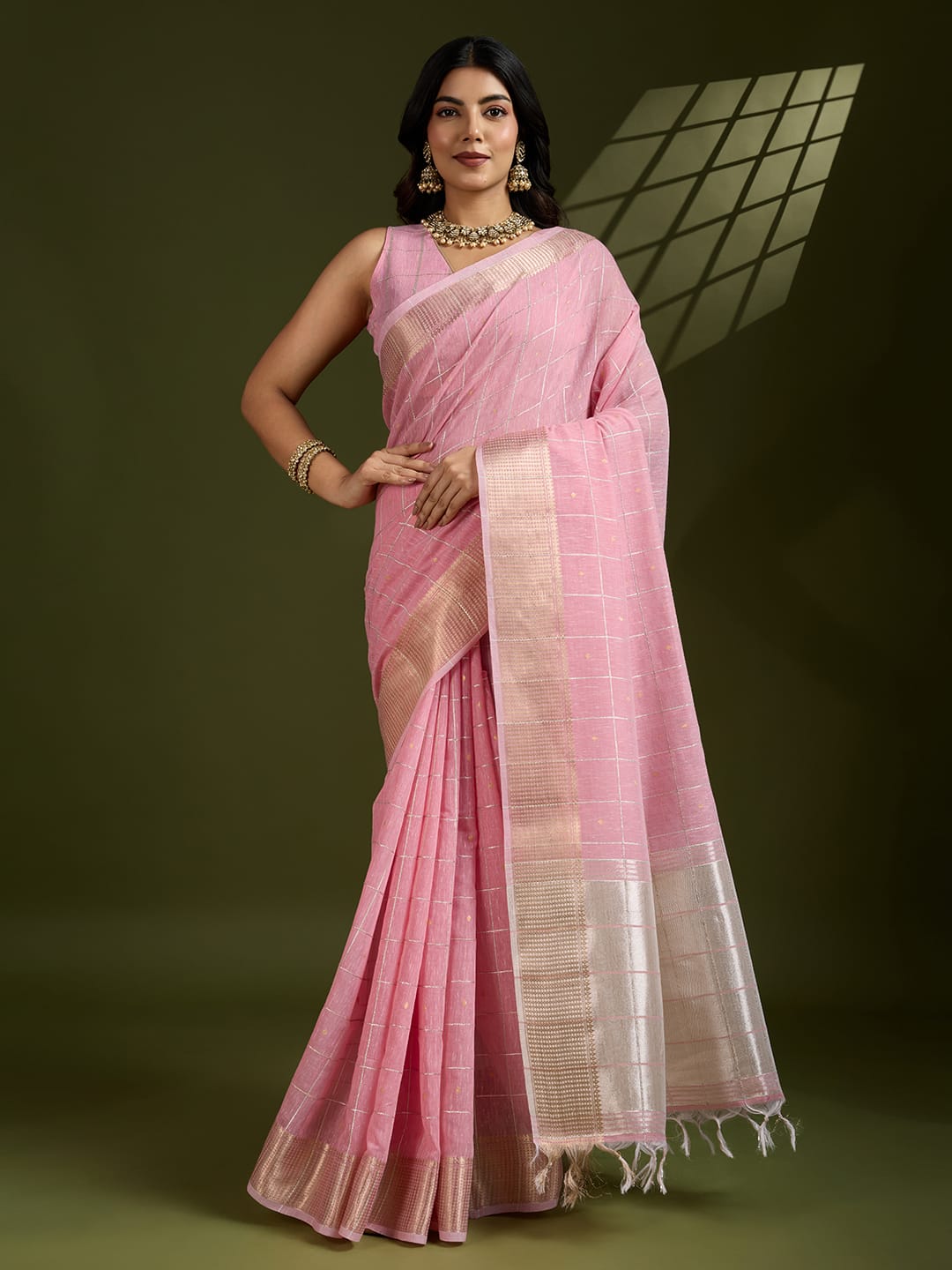 Pink Soft Tissue Linen Silk All Over Check Body With Zari Weaved Pallu Border Saree