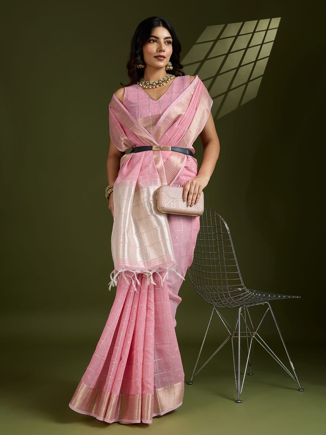Pink Soft Tissue Linen Silk All Over Check Body With Zari Weaved Pallu Border Saree