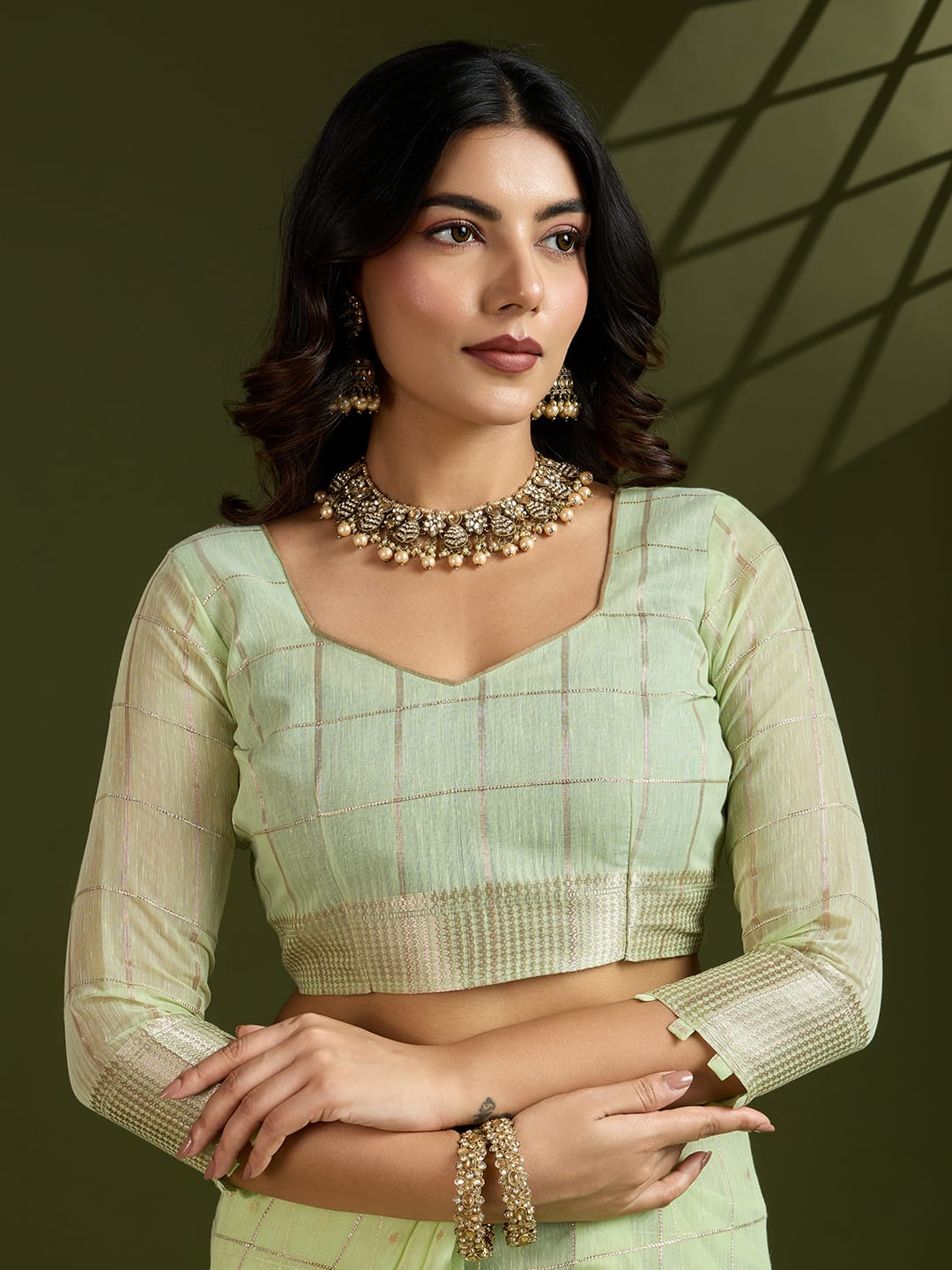 Pistachio Soft Tissue Linen Silk All Over Check Body With Zari Weaved Pallu Border Saree