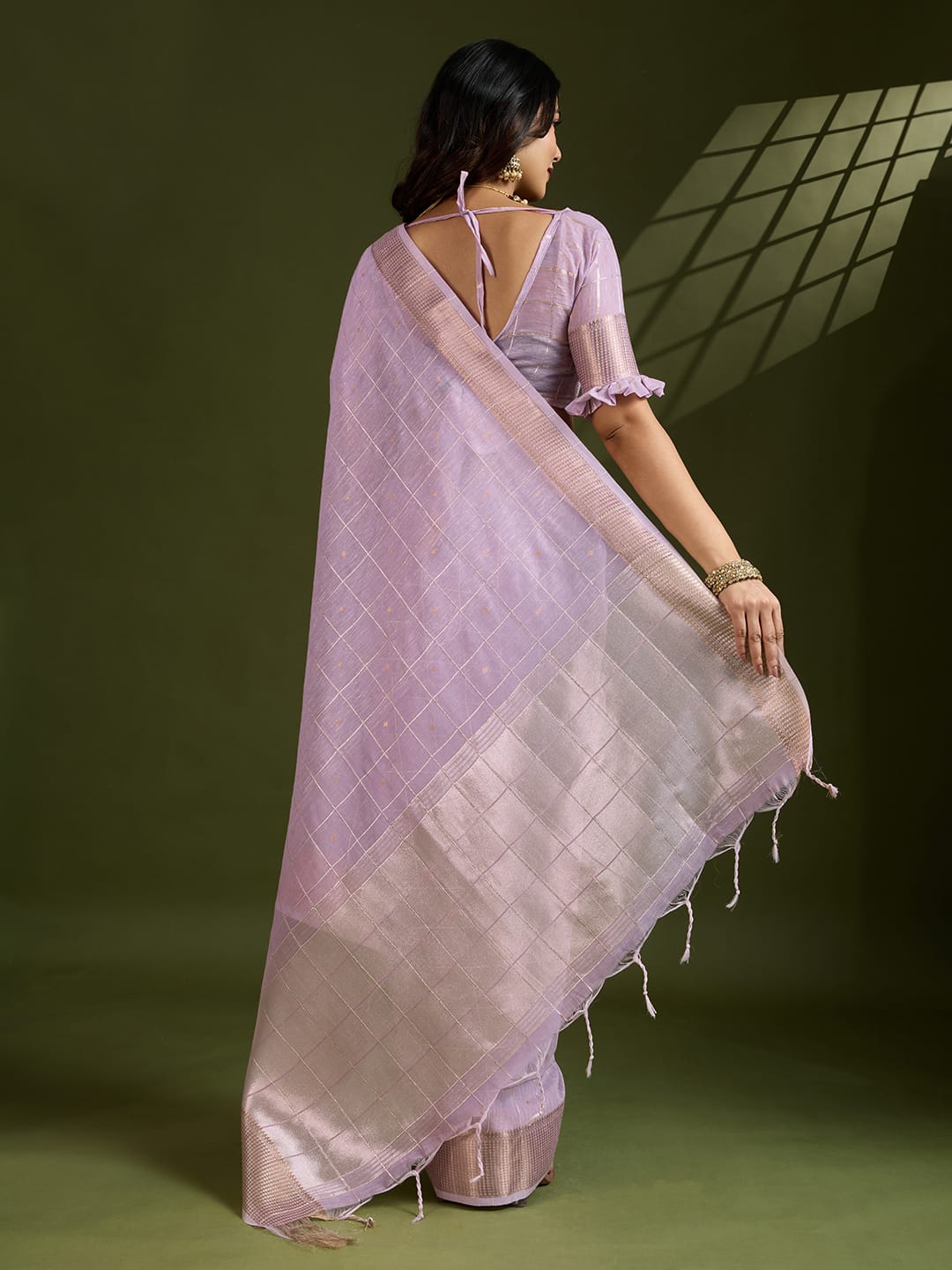 Lavender Soft Tissue Linen Silk All Over Check Body With Zari Weaved Pallu Border Saree