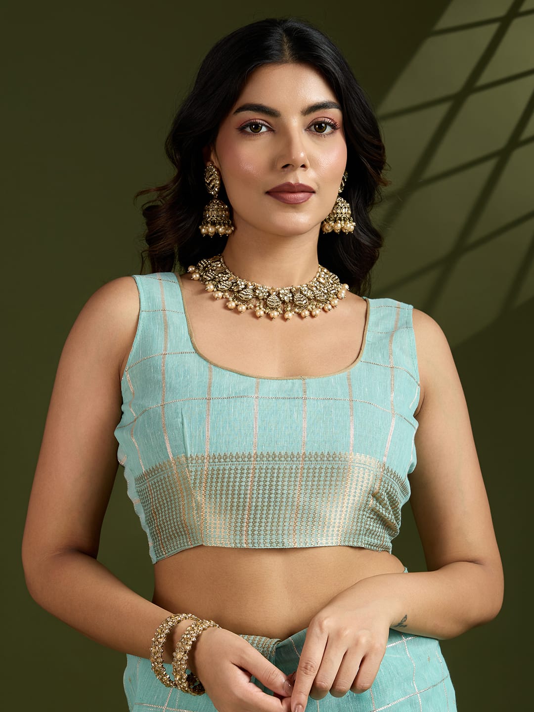 Sky Blue Soft Tissue Linen Silk All Over Check Body With Zari Weaved Pallu Border Saree
