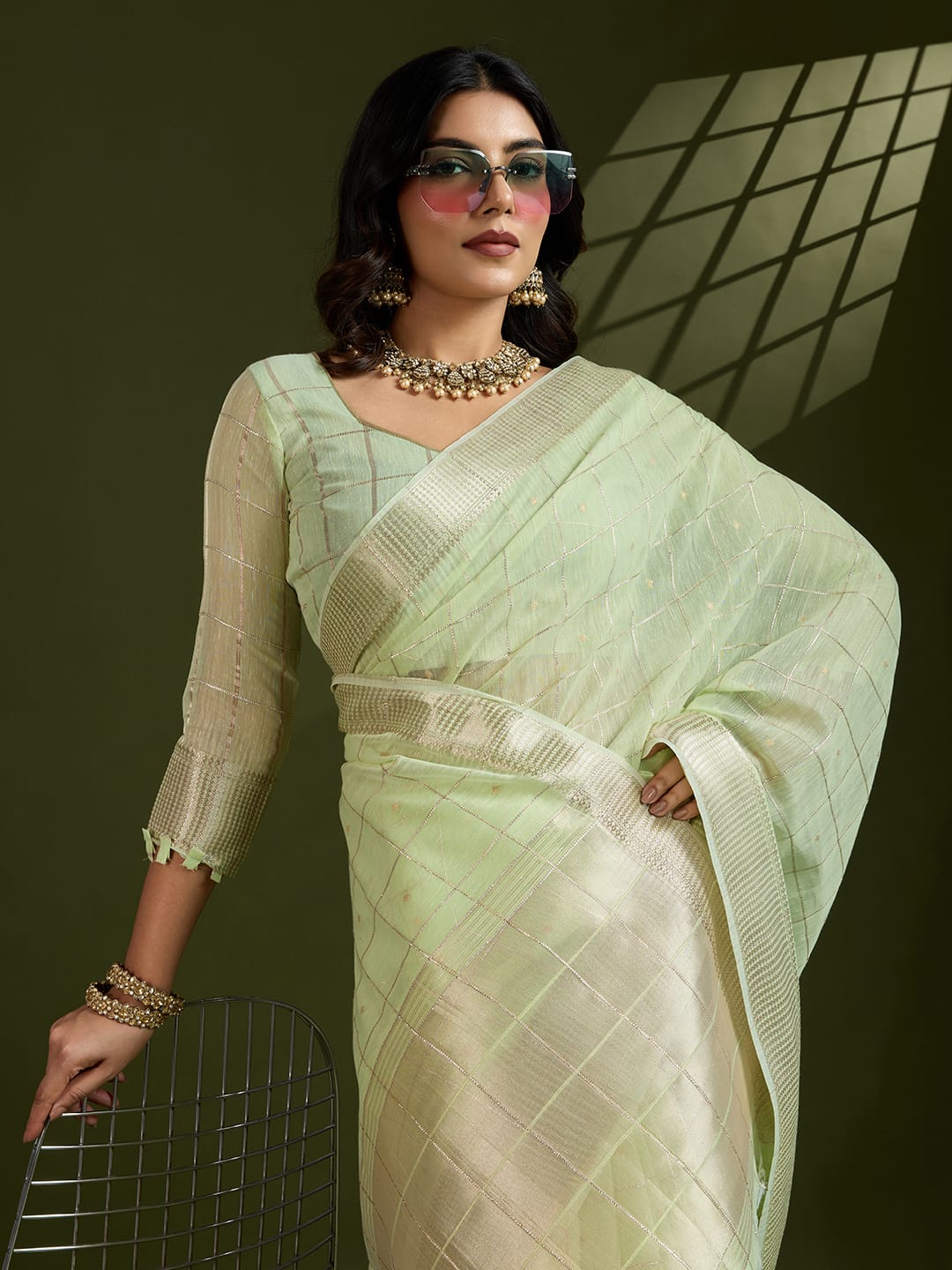 Pistachio Soft Tissue Linen Silk All Over Check Body With Zari Weaved Pallu Border Saree