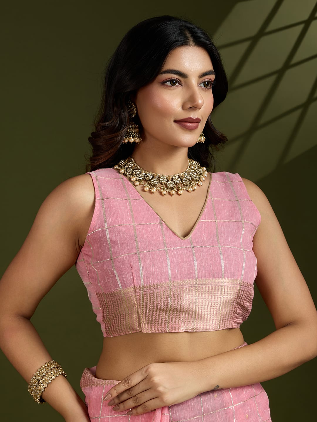 Pink Soft Tissue Linen Silk All Over Check Body With Zari Weaved Pallu Border Saree