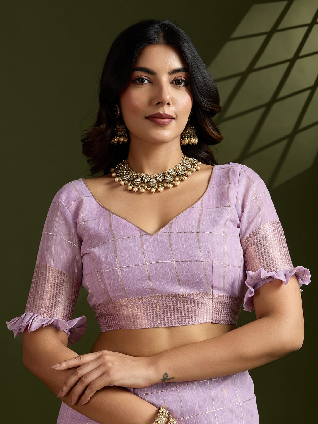 Lavender Soft Tissue Linen Silk All Over Check Body With Zari Weaved Pallu Border Saree