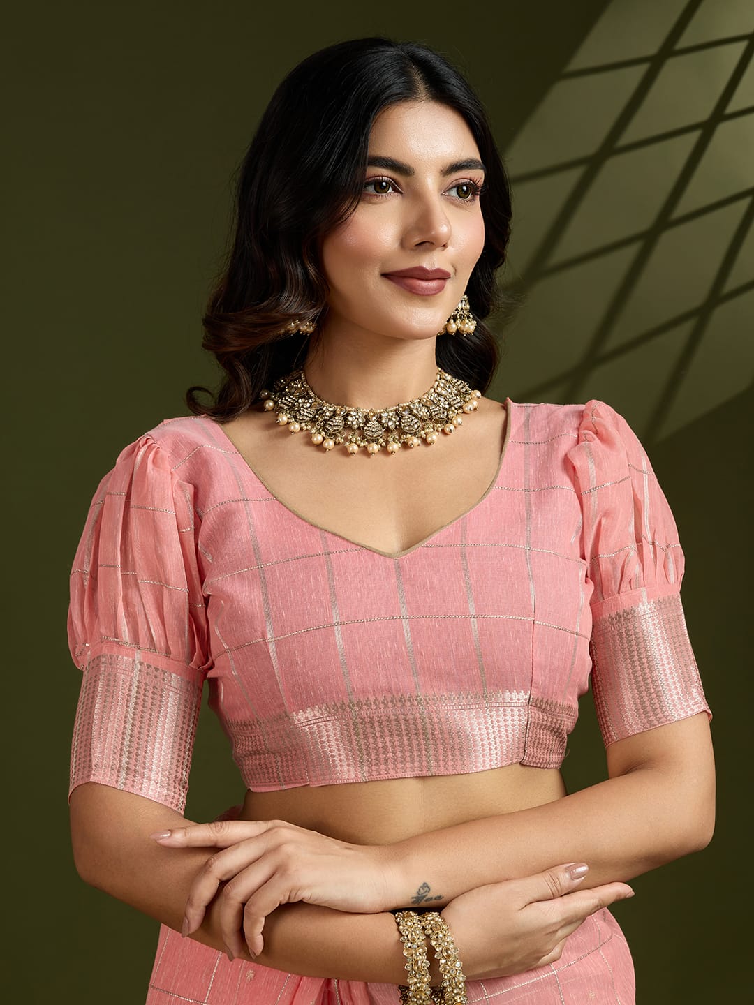 Peach Soft Tissue Linen Silk All Over Check Body With Zari Weaved Pallu Border Saree