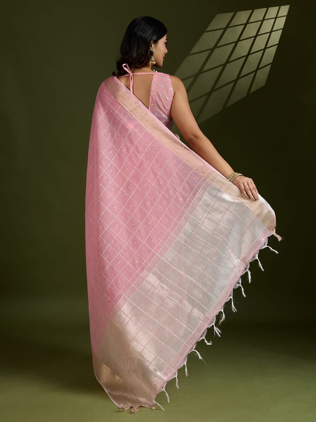 Pink Soft Tissue Linen Silk All Over Check Body With Zari Weaved Pallu Border Saree