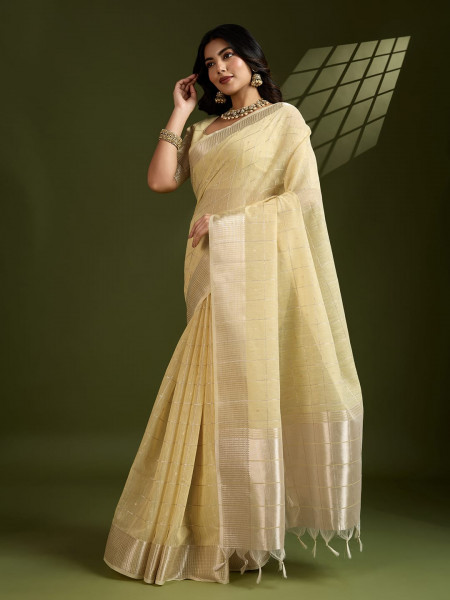 Image of Beige Soft Tissue Linen Silk All Over Check Body With Zari Weaved Pallu Border Saree