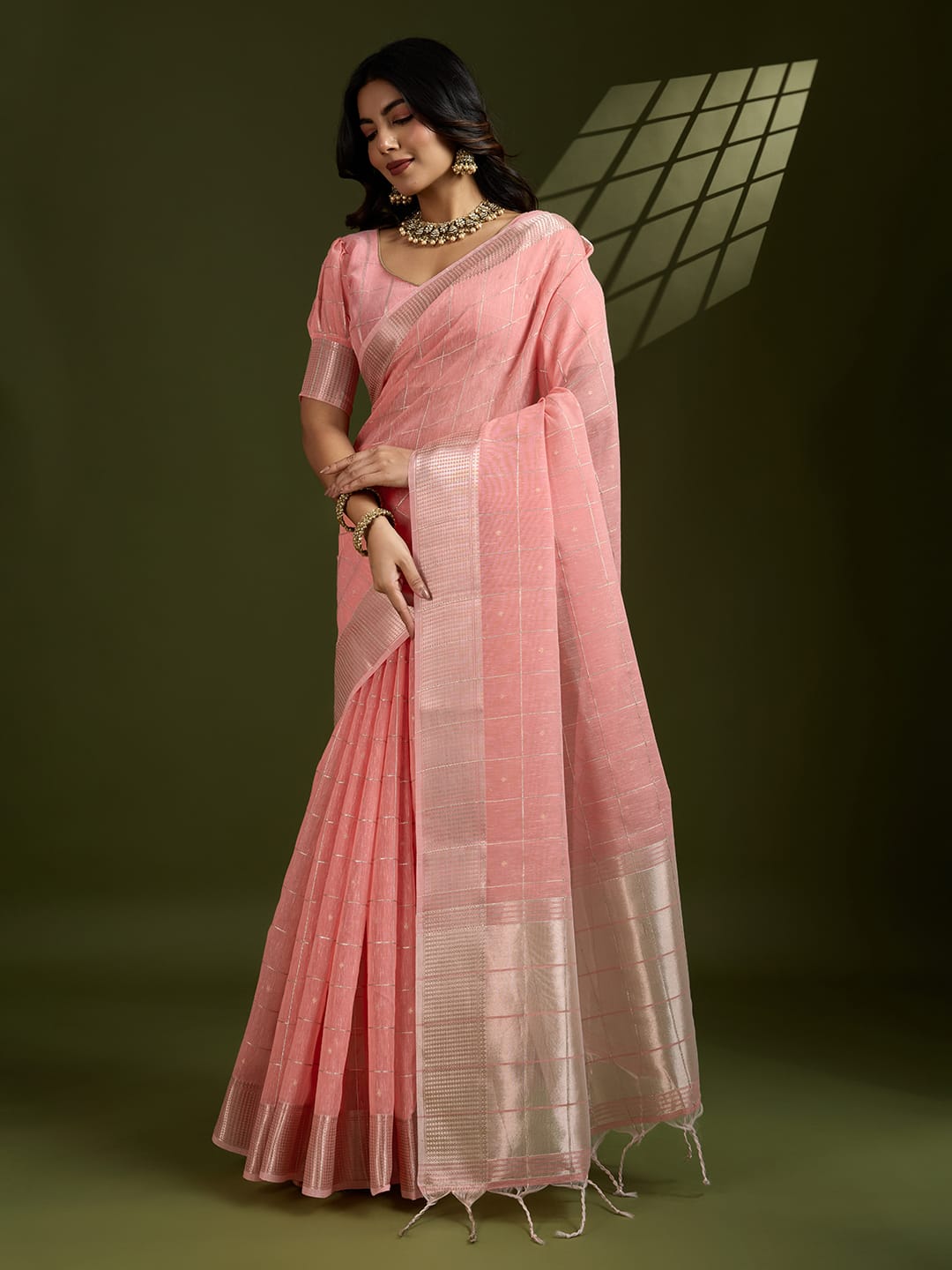 Peach Soft Tissue Linen Silk All Over Check Body With Zari Weaved Pallu Border Saree