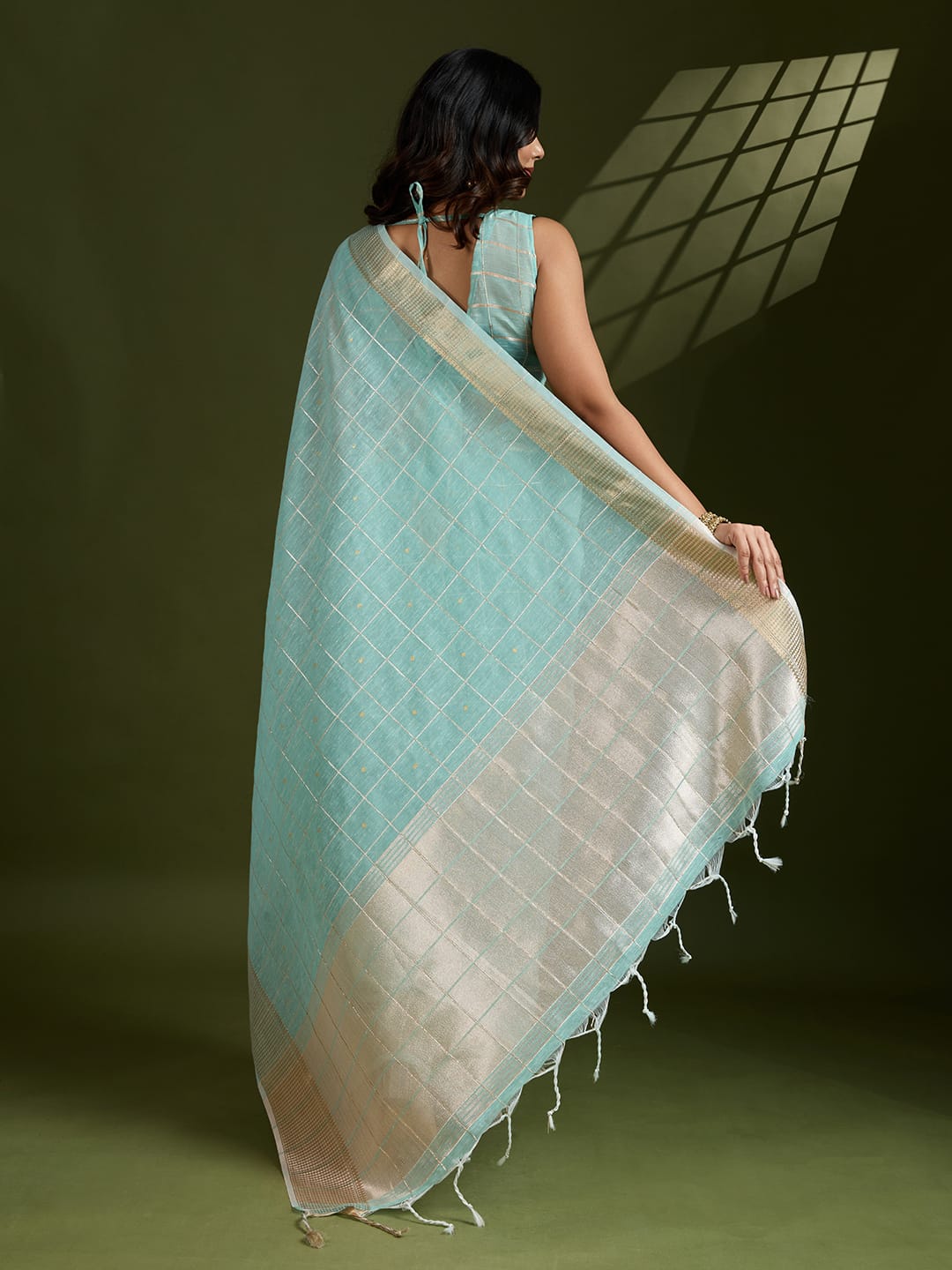 Sky Blue Soft Tissue Linen Silk All Over Check Body With Zari Weaved Pallu Border Saree