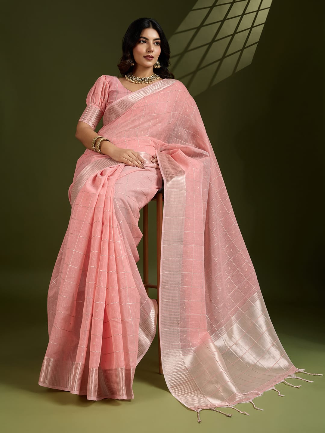 Peach Soft Tissue Linen Silk All Over Check Body With Zari Weaved Pallu Border Saree