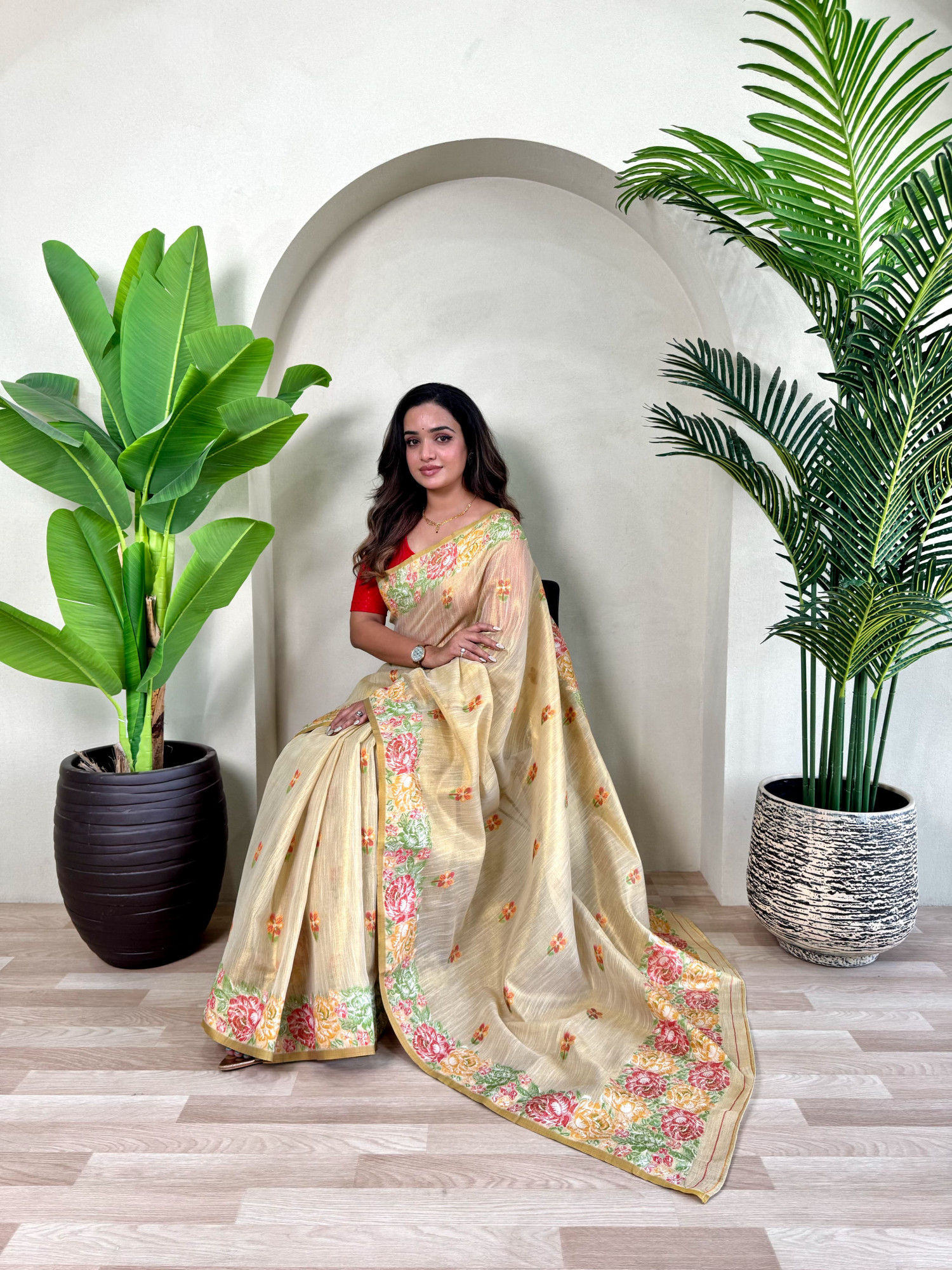 Beige Tissue Silk Jacquard Weaved Rich Zari Pallu Beautiful Motifs Border Saree