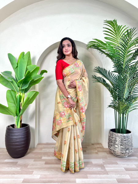 Image of Beige Tissue Silk Jacquard Weaved Rich Zari Pallu Beautiful Motifs  Border Saree