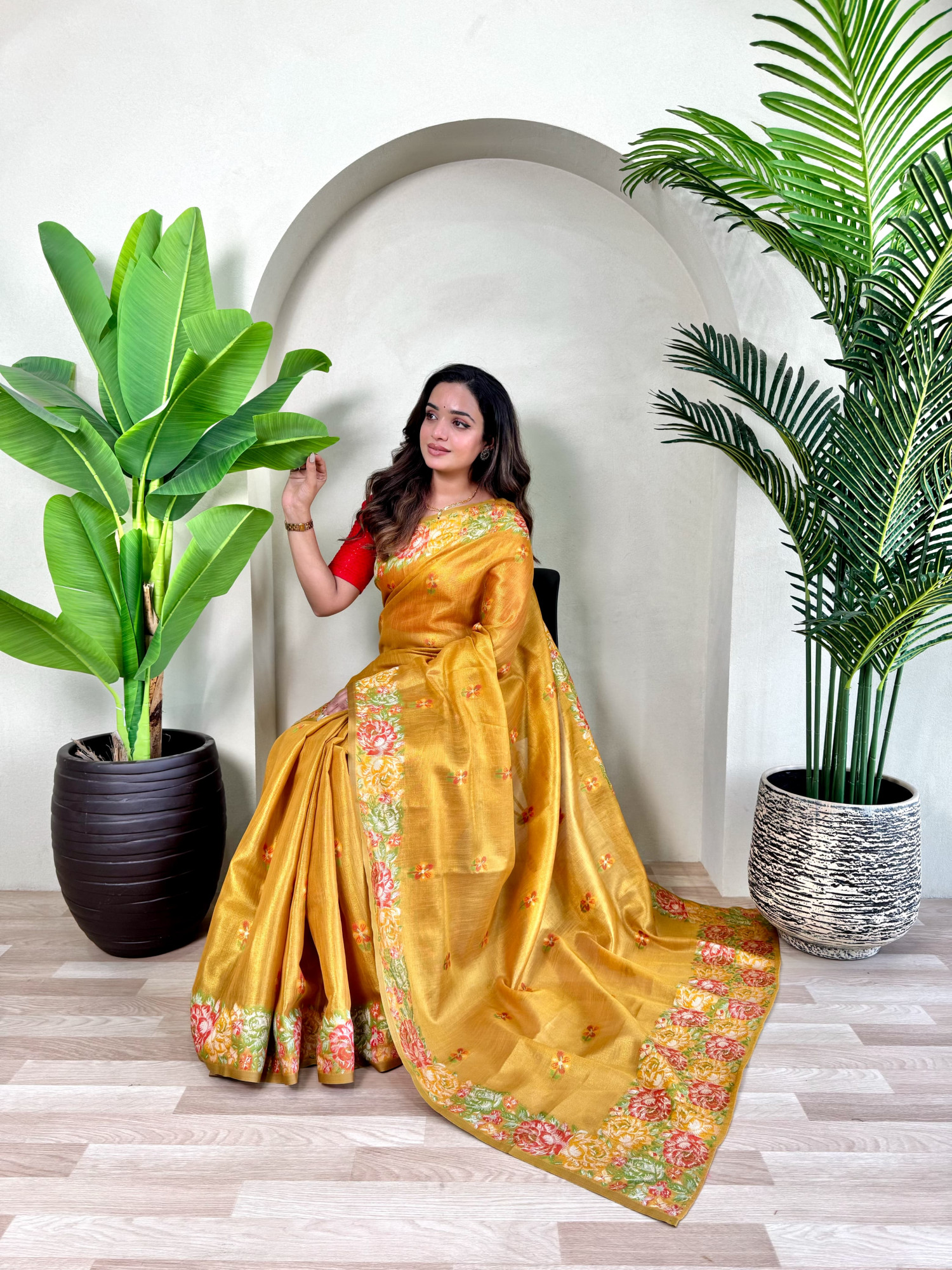 Mustard Tissue Silk Jacquard Weaved Rich Zari Pallu Beautiful Motifs Border Saree