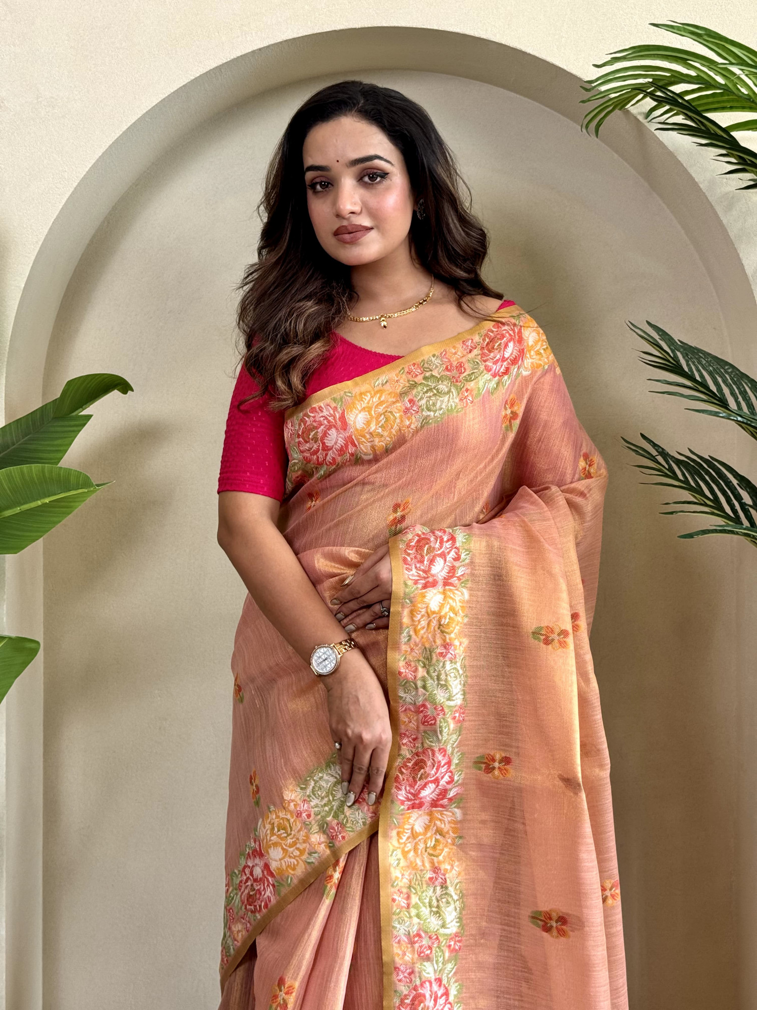 Peach Tissue Silk Jacquard Weaved Rich Zari Pallu Beautiful Motifs Border Saree