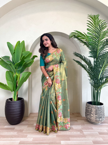 Image of Dark Olive Green Tissue Silk Jacquard Weaved Rich Zari Pallu Beautiful Motifs  Border Saree