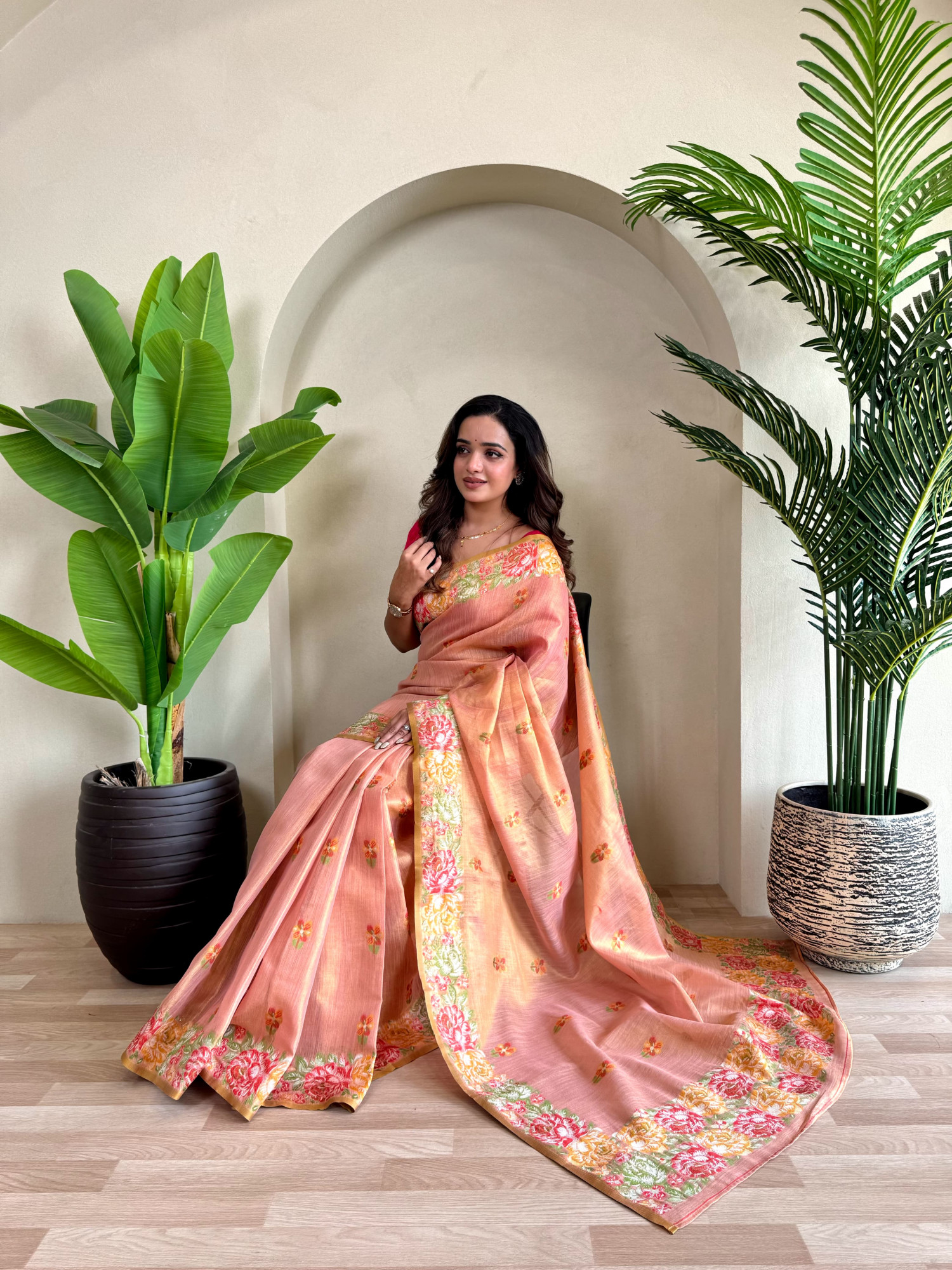 Peach Tissue Silk Jacquard Weaved Rich Zari Pallu Beautiful Motifs Border Saree