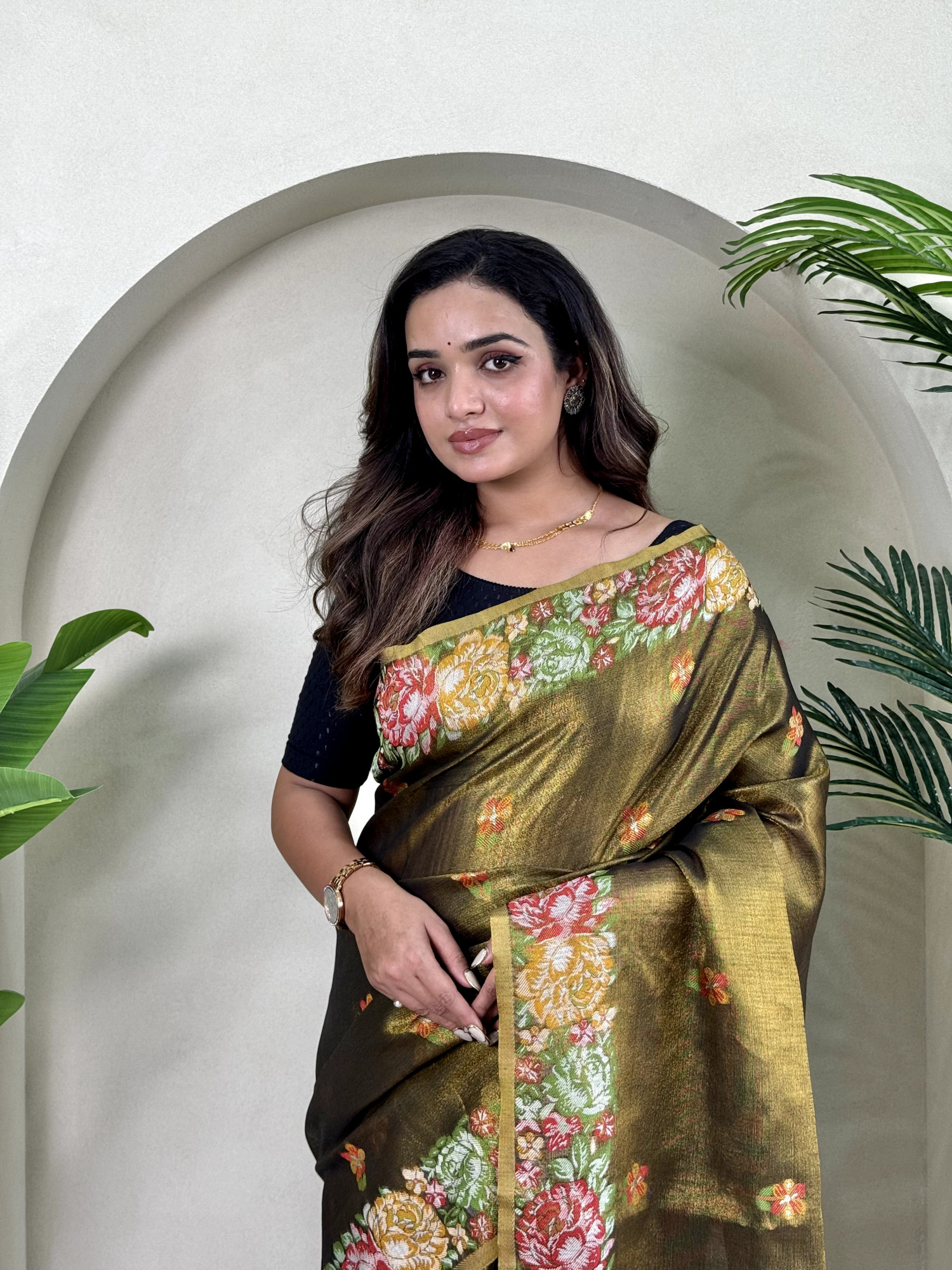 Dark Mehendi Tissue Silk Jacquard Weaved Rich Zari Pallu Beautiful Motifs Border Saree