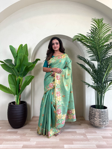 Image of C-Green Tissue Silk Jacquard Weaved Rich Zari Pallu Beautiful Motifs  Border Saree