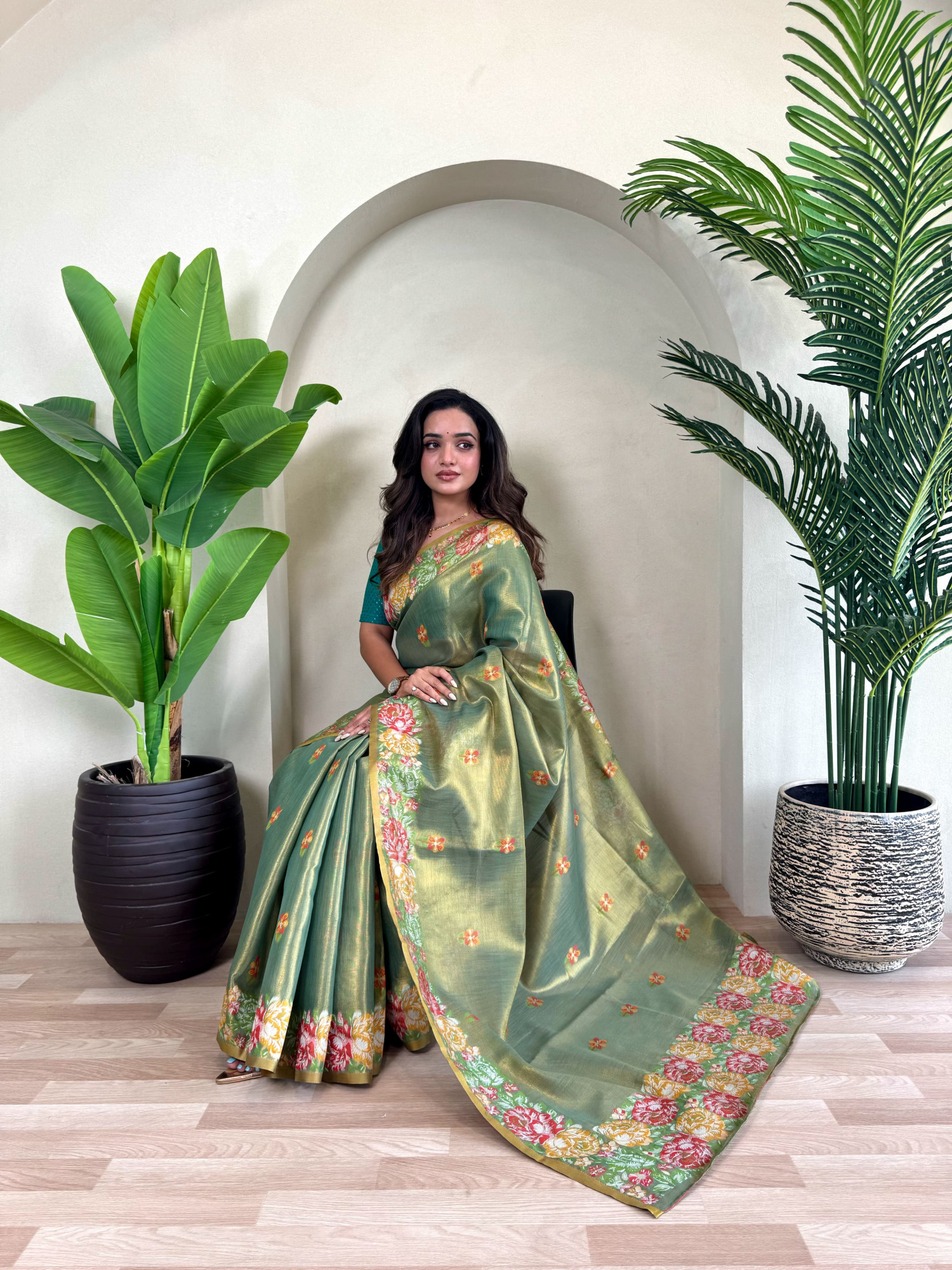 Dark Olive Green Tissue Silk Jacquard Weaved Rich Zari Pallu Beautiful Motifs Border Saree