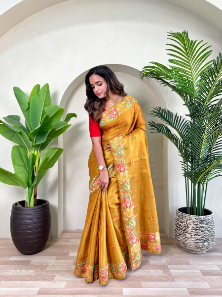 Image of Mustard Tissue Silk Jacquard Weaved Rich Zari Pallu Beautiful Motifs  Border Saree