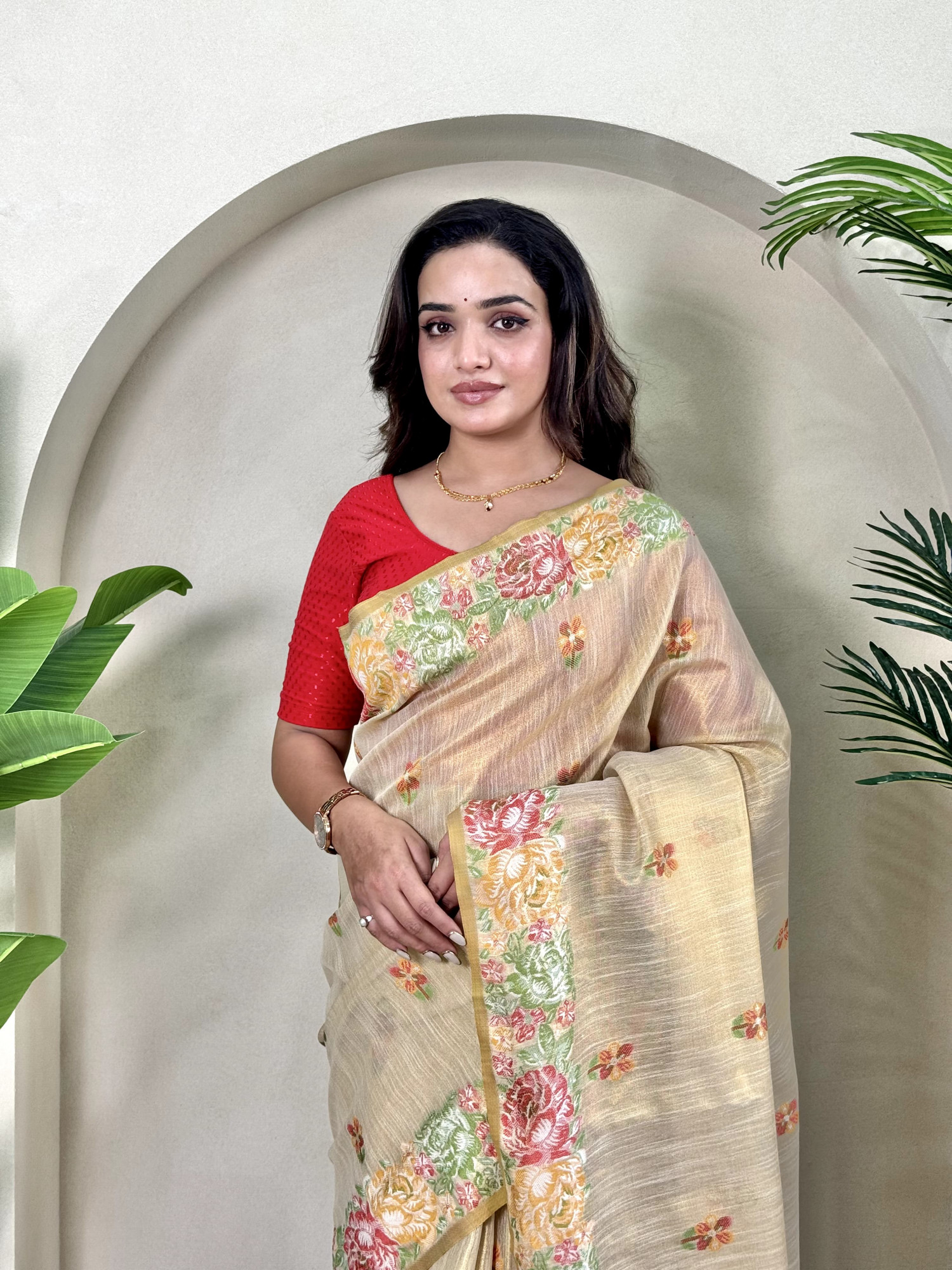 Beige Tissue Silk Jacquard Weaved Rich Zari Pallu Beautiful Motifs Border Saree