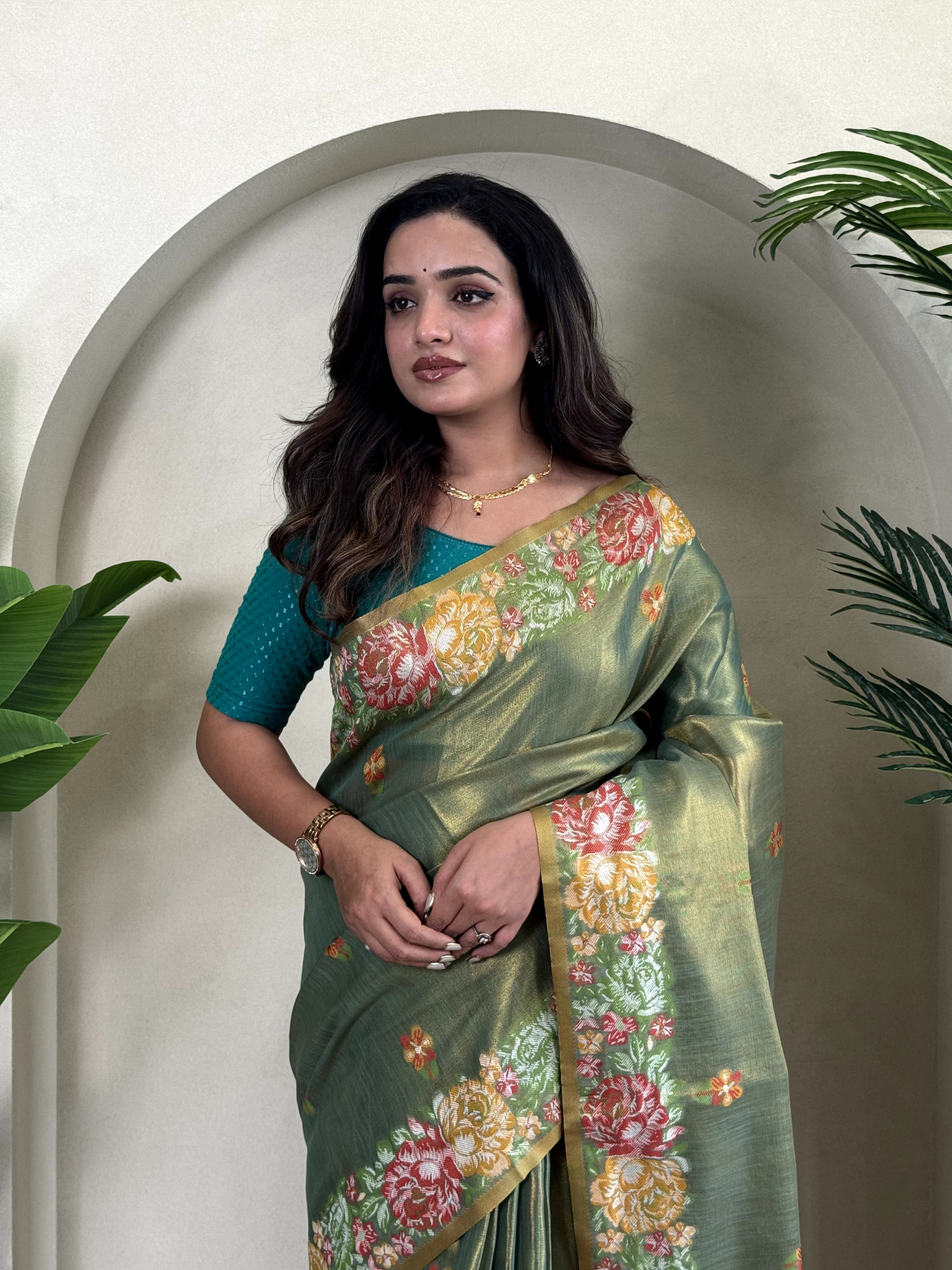 Dark Olive Green Tissue Silk Jacquard Weaved Rich Zari Pallu Beautiful Motifs Border Saree