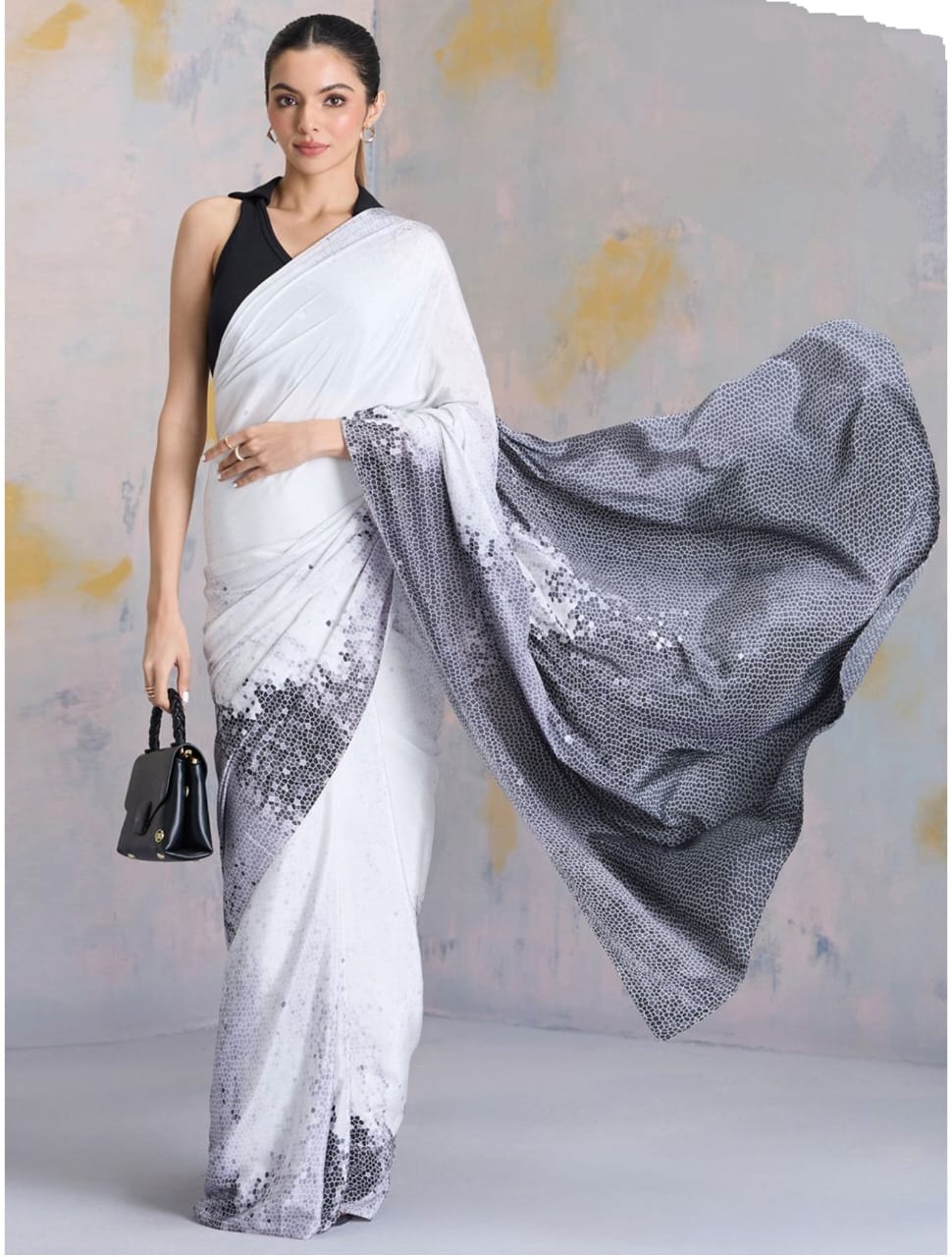 White Gray Satin Digital Printed Saree