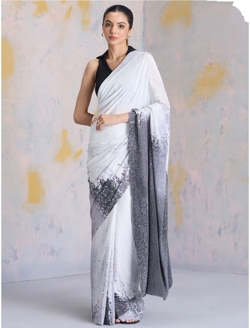 White Gray Satin Digital Printed Saree