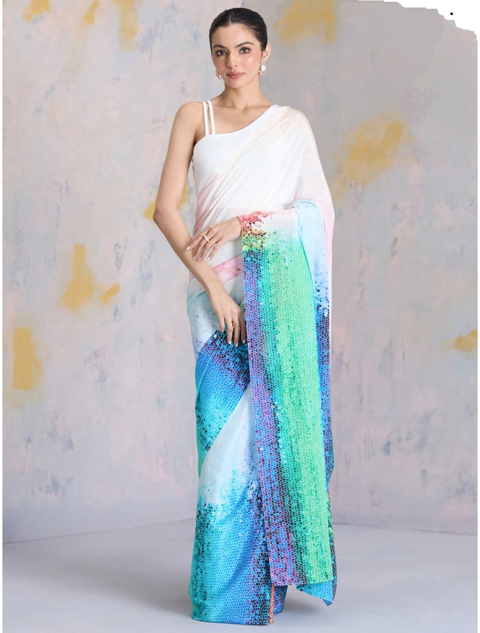 White Sea Green Satin Digital Printed Saree