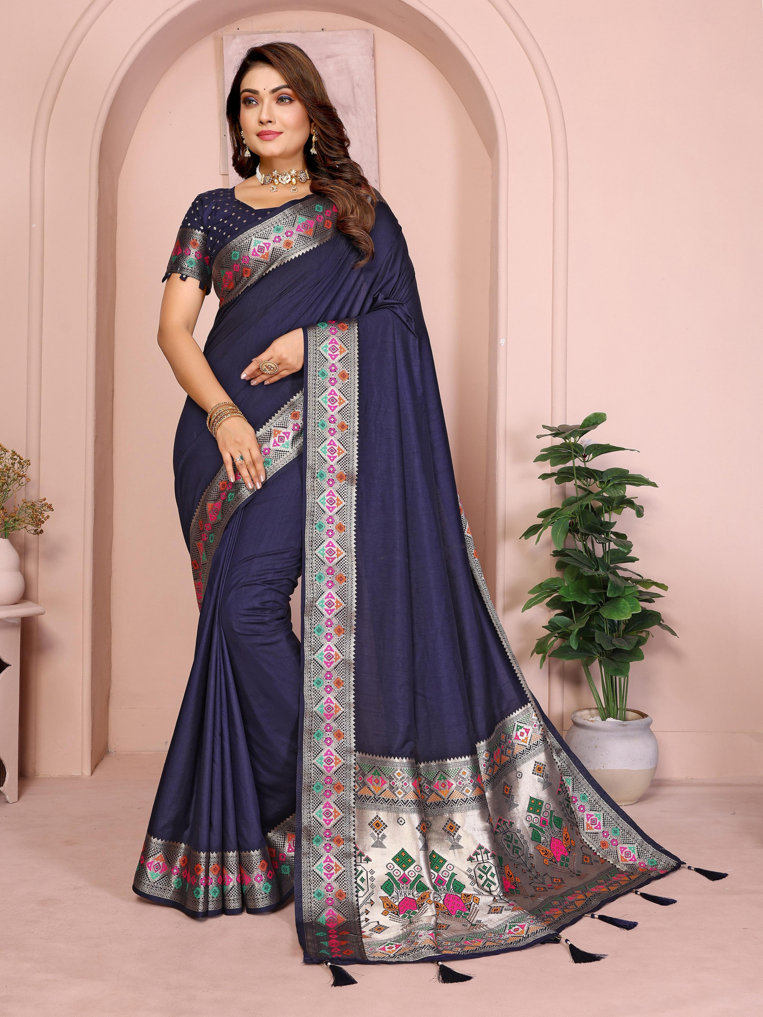 Navy Blue Banarasi Silk Rich Gold Zari Meenakari Paithani Weaved Pallu Border Saree