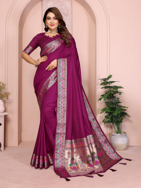 Image of Wine Banarasi Silk Rich Gold Zari Meenakari Paithani Weaved Pallu Border Saree