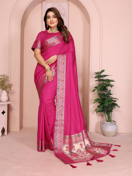 Image of Magenta Banarasi Silk Rich Gold Zari Meenakari Paithani Weaved Pallu Border Saree