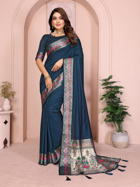 Image of Dark Teal Banarasi Silk Rich Gold Zari Meenakari Paithani Weaved Pallu Border Saree