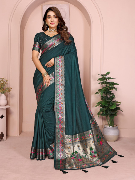 Image of Gunmetal Banarasi Silk Rich Gold Zari Meenakari Paithani Weaved Pallu Border Saree