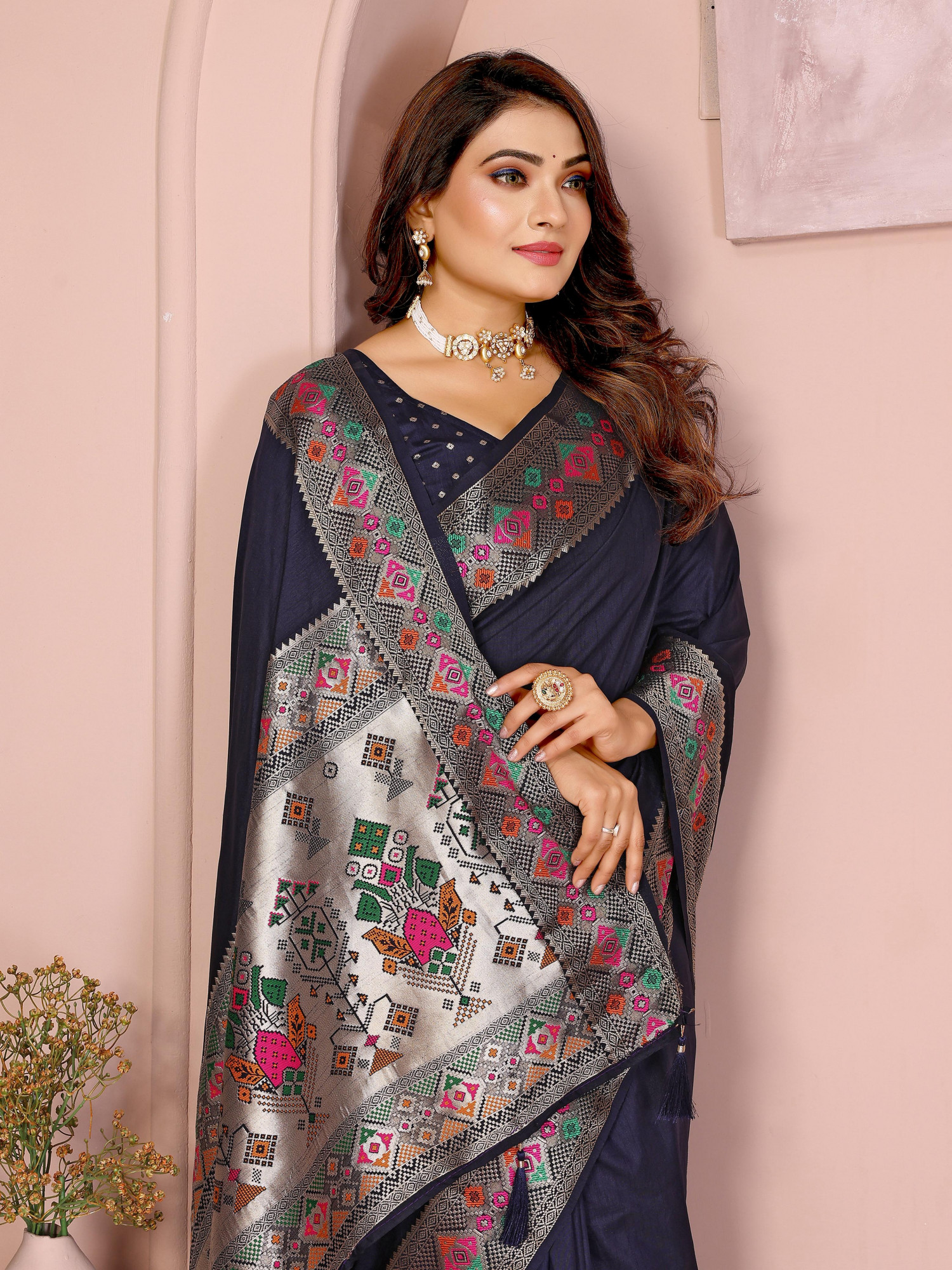 Navy Blue Banarasi Silk Rich Gold Zari Meenakari Paithani Weaved Pallu Border Saree
