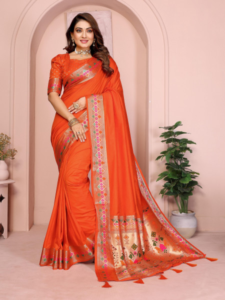 Image of Orange Banarasi Silk Rich Gold Zari Meenakari Paithani Weaved Pallu Border Saree