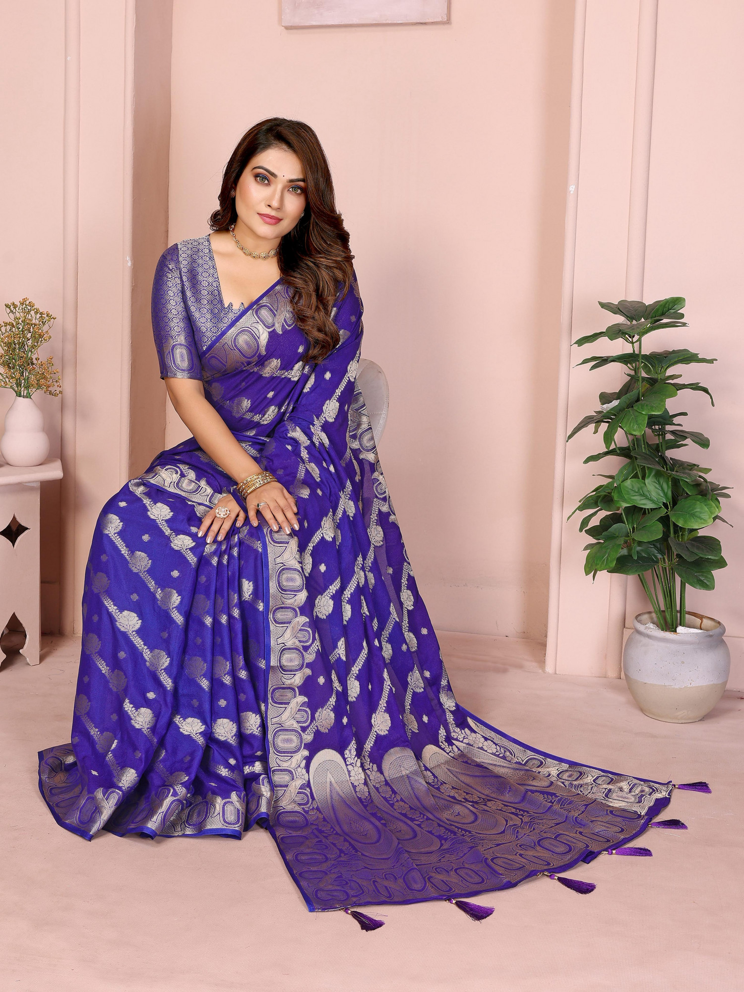 Royal Blue Premium Georgette Banarasi Silk Leheriya Zari Weaved Saree