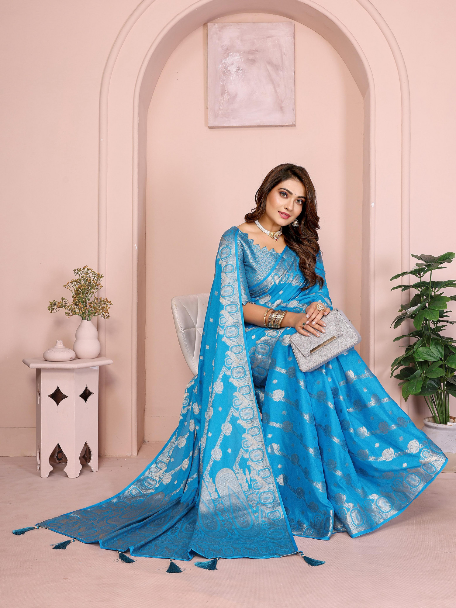 Turquoise Premium Georgette Banarasi Silk Leheriya Zari Weaved Saree