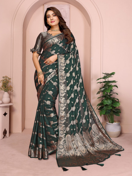 Image of Bottle Green Premium Georgette Banarasi Silk Leheriya Zari Weaved Saree