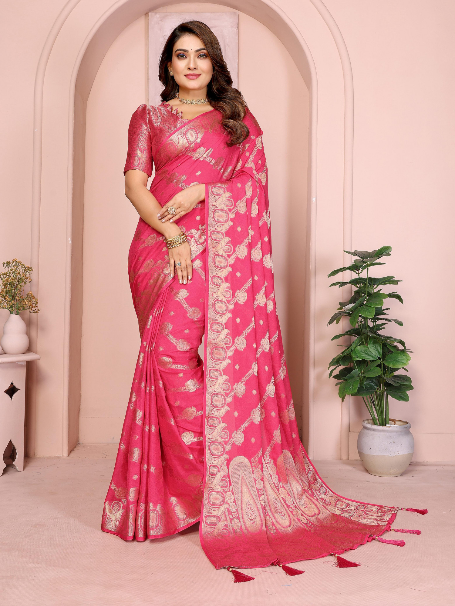 Raani Premium Georgette Banarasi Silk Leheriya Zari Weaved Saree